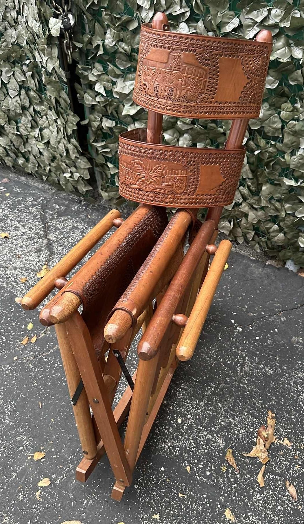 Late 20th Century Costa Rican Vintage Teak and Embossed Leather Folding Rocking Chairs - A Pair - Image 7