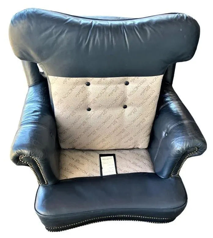 Vintage Button Tufted Leather Dark Blue Chair Made in North Carolina - Late 20th Century - Image 7