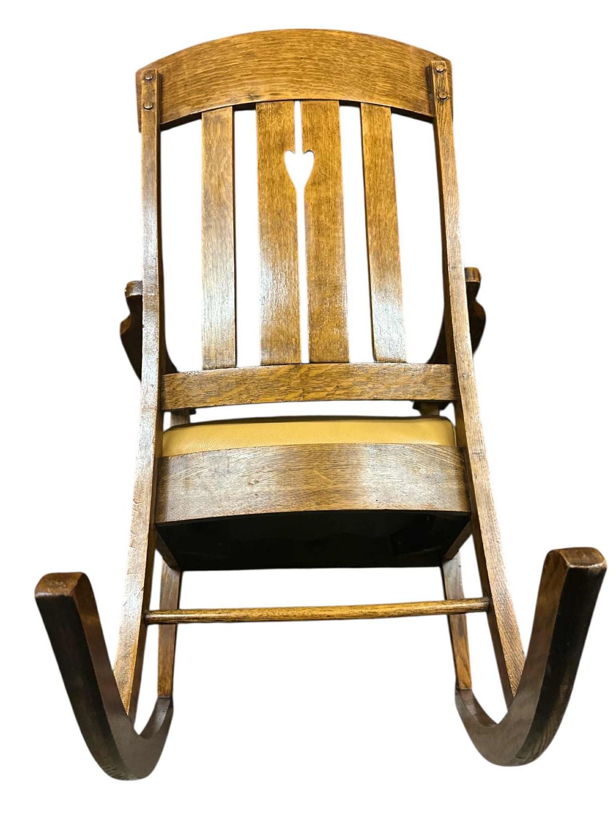 Antique Arts and Crafts Quarter Sawn Oak Rocking Chair With Heart Cutout and New Mustard Leather Seat - Circa 1905 - Image 7