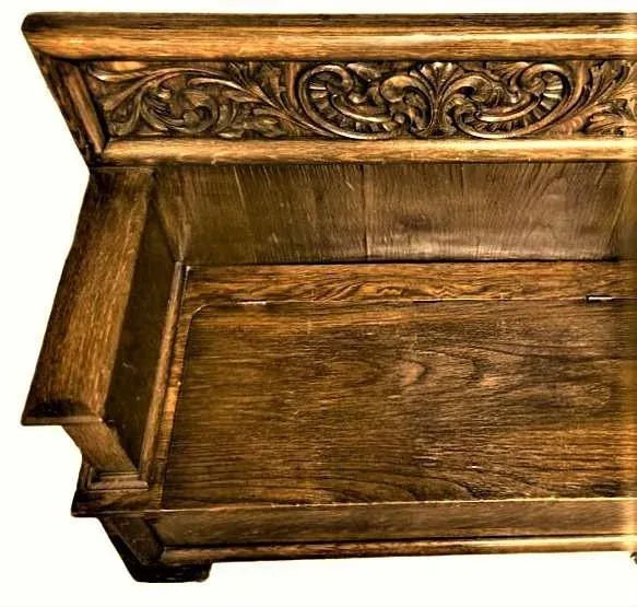 Antique William Morris Style English Arts & Crafts Movement Oak Carved High Back Monk's Bench - Image 7