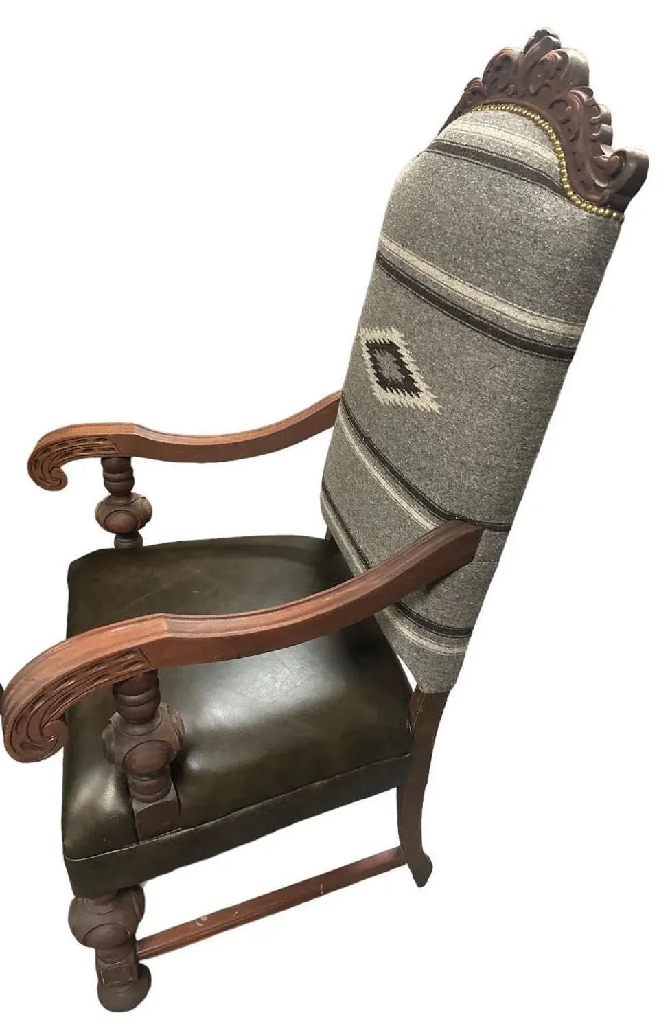 Antique Carved Hacienda Chair Upholstered With Oaxaca Wool Tapestry and Leather - Image 7