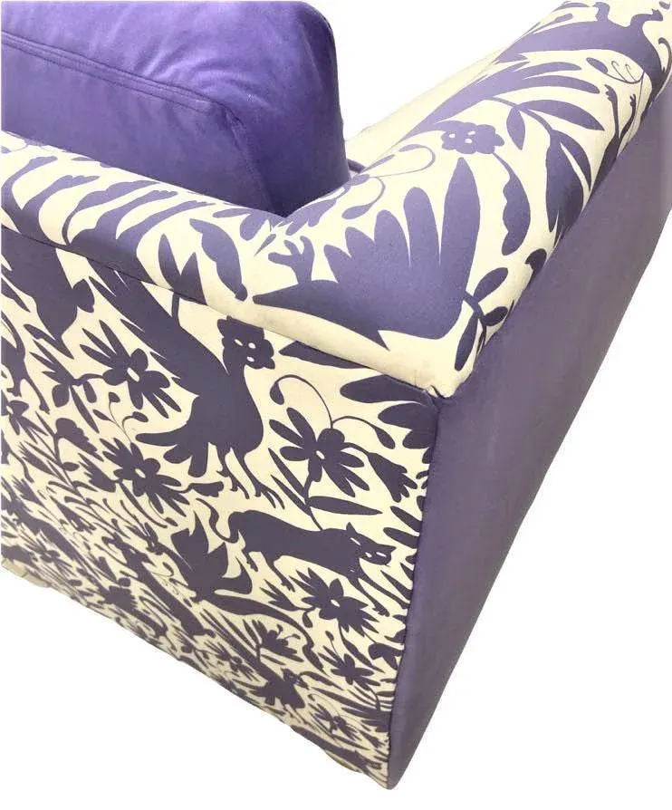Otomi Print and Velvet Upholstery on Large Mid 20th Century Vintage Hollywood Regency Tuxedo Sofa - Image 7