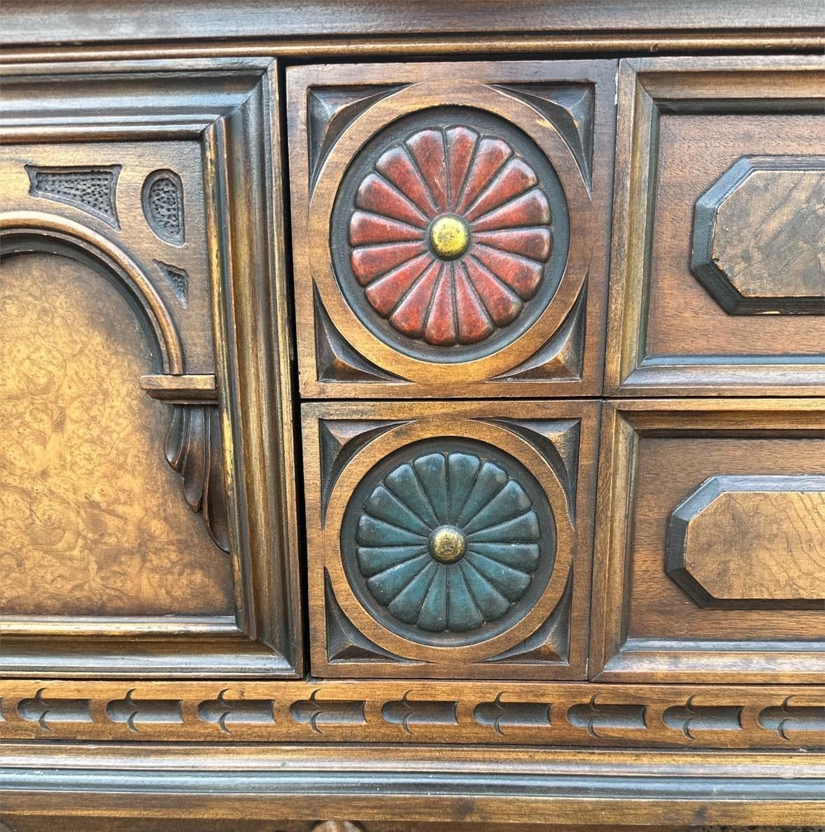 Antique Berkey & Gay Grand Rapids 72” ‘Span-Umbrian' Walnut, Burlwood and Polychrome Credenza or Buffet - Circa 1917 - Image 7