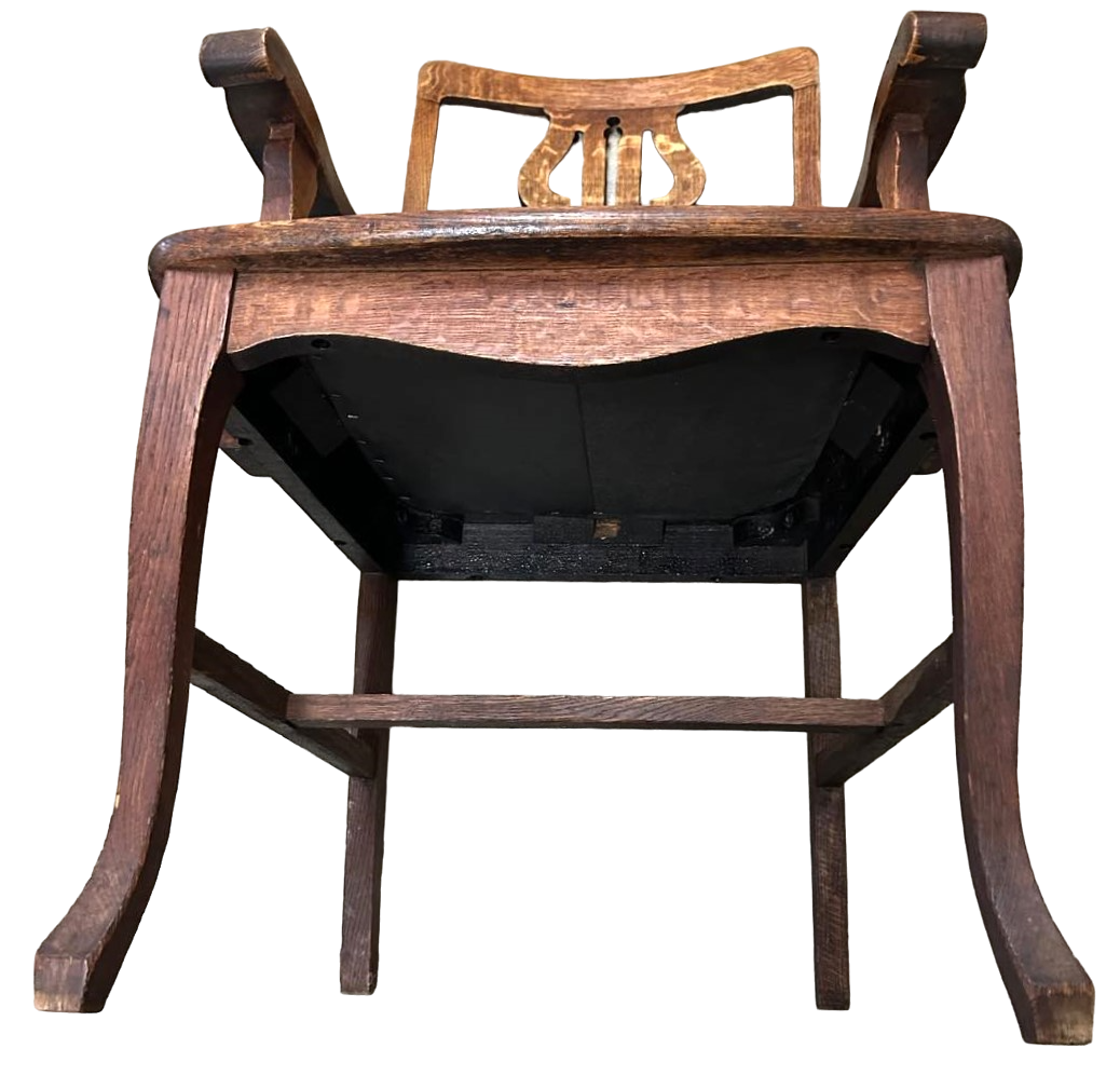 Antique English Liberty and Wyburd Attributed Arts & Crafts Quarter Sawn Oak Arm Chair With New Leather Seat Upholstery - Image 7