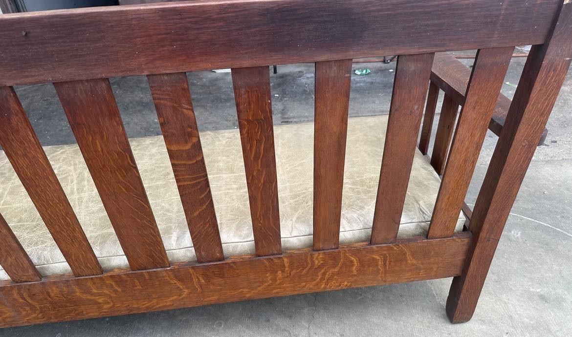 Antique Stickley Brothers Grand Rapids Mission Oak Settee With New Pullup Leather Seat Upholstery - Circa 1900 - Image 7