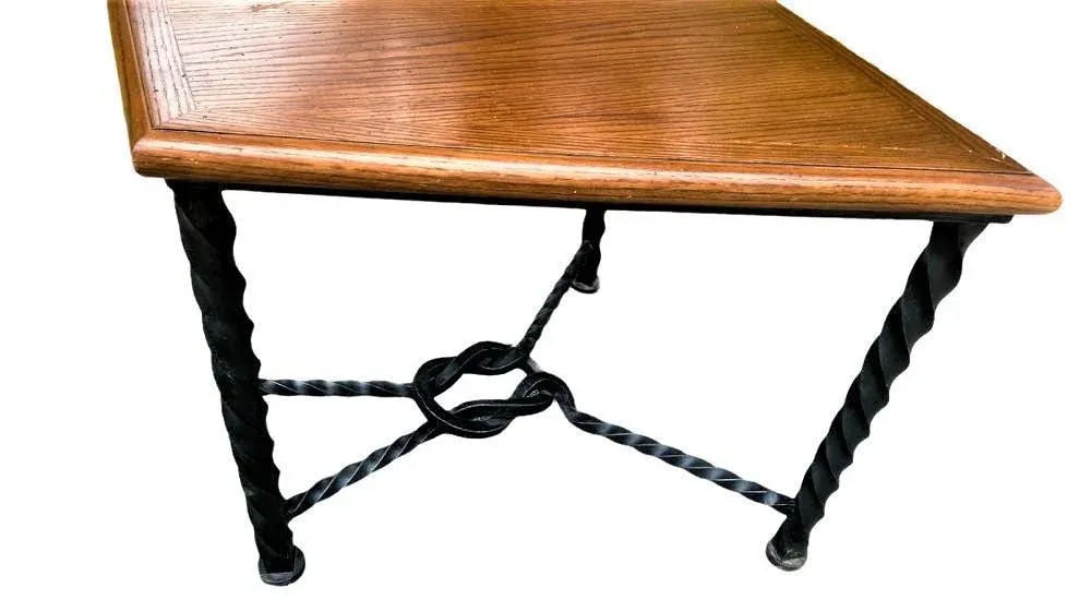 Mid 20th Century Trapezoid Oak and Wrought Iron Side Table - Image 7