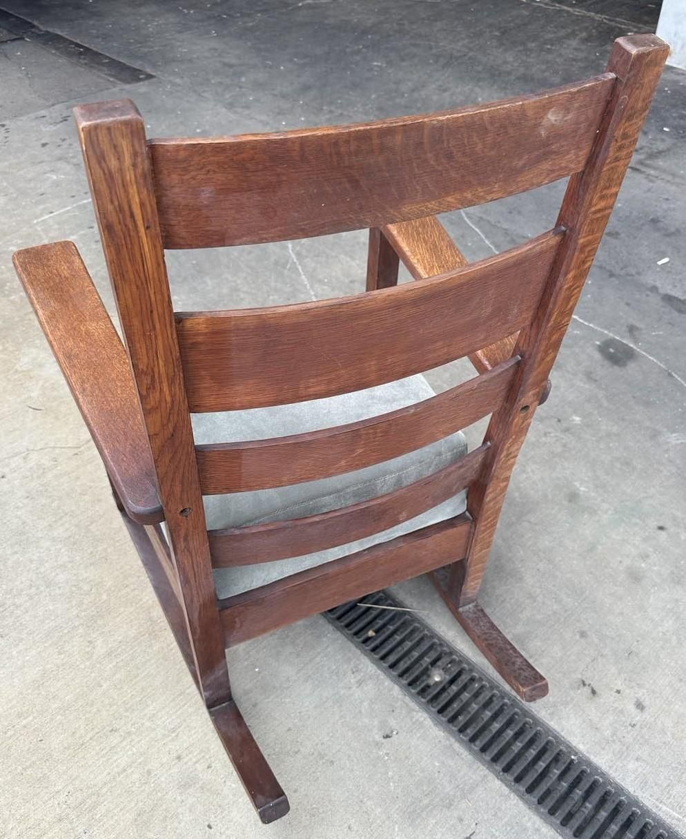 Antique Stickley Grand Rapids Quaint Furniture Mission Oak Rocking Chair With New Mohair Seat Upholstery - Image 7