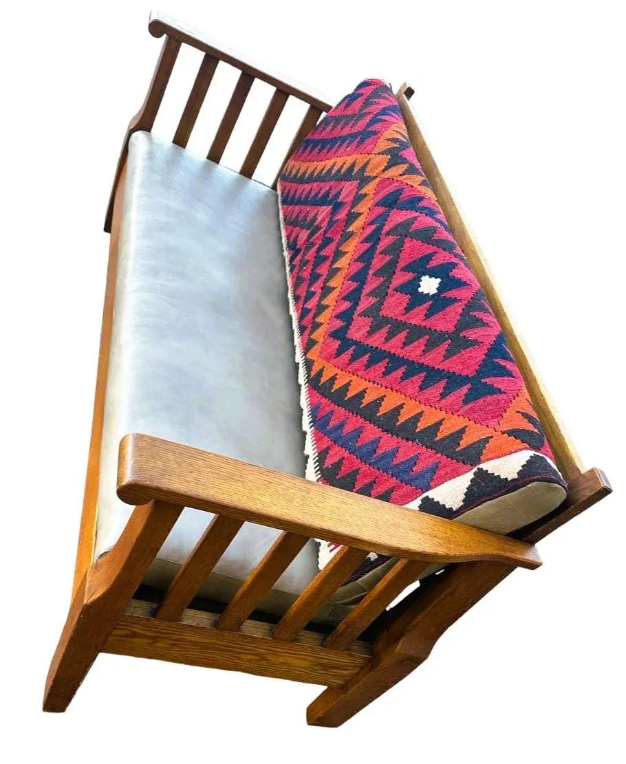Antique Circa 1910 Oak Arts & Crafts Large 78” Settle With New Leather and Hand Made Persian Kilim Upholstered Cushions - Image 7