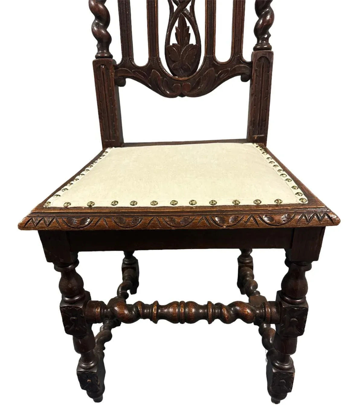 19th Century French Antique Carved Oak Dining Chairs With New Seat Upholstery - Set of 6 - Image 7