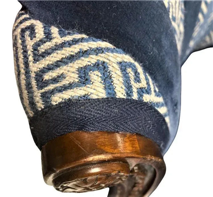 Mid 20th Century Round Accent Chair Reupholstered With Blue Velvet and Greek Key Fabric - Image 7
