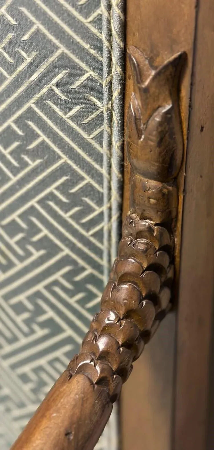 Baker Furniture Empire Style Carved Walnut Chair With Celadon Greek Key and Velvet Upholstery - Circa 1940s - Image 7