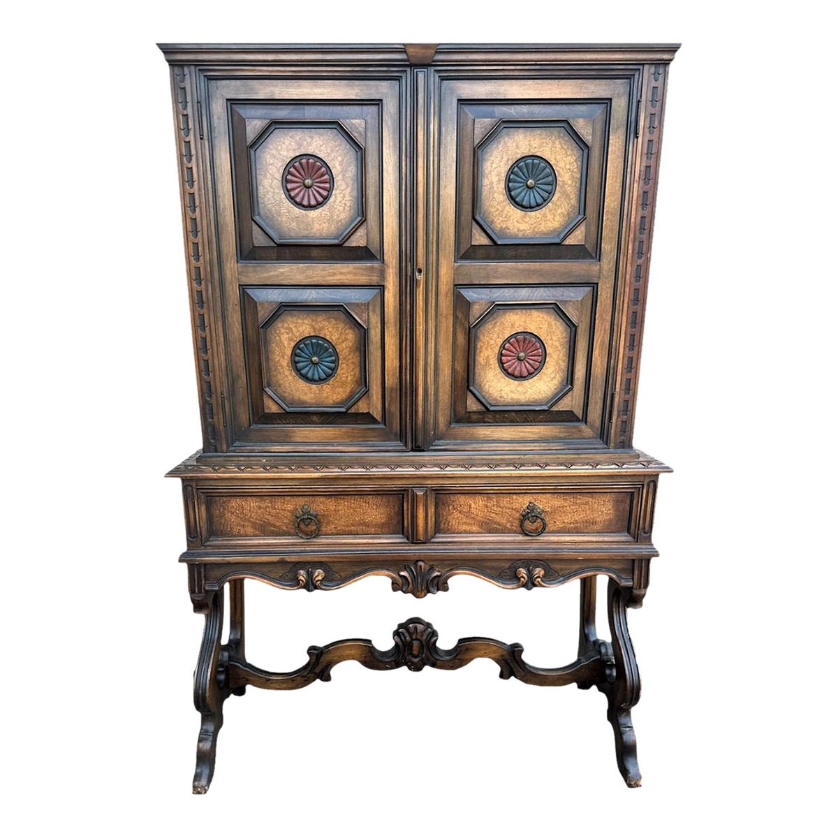 Antique Berkey & Gay Grand Rapids 'Span-Umbrian' Walnut, Burlwood and Polychrome Cabinet - Circa 1917 - Image 7