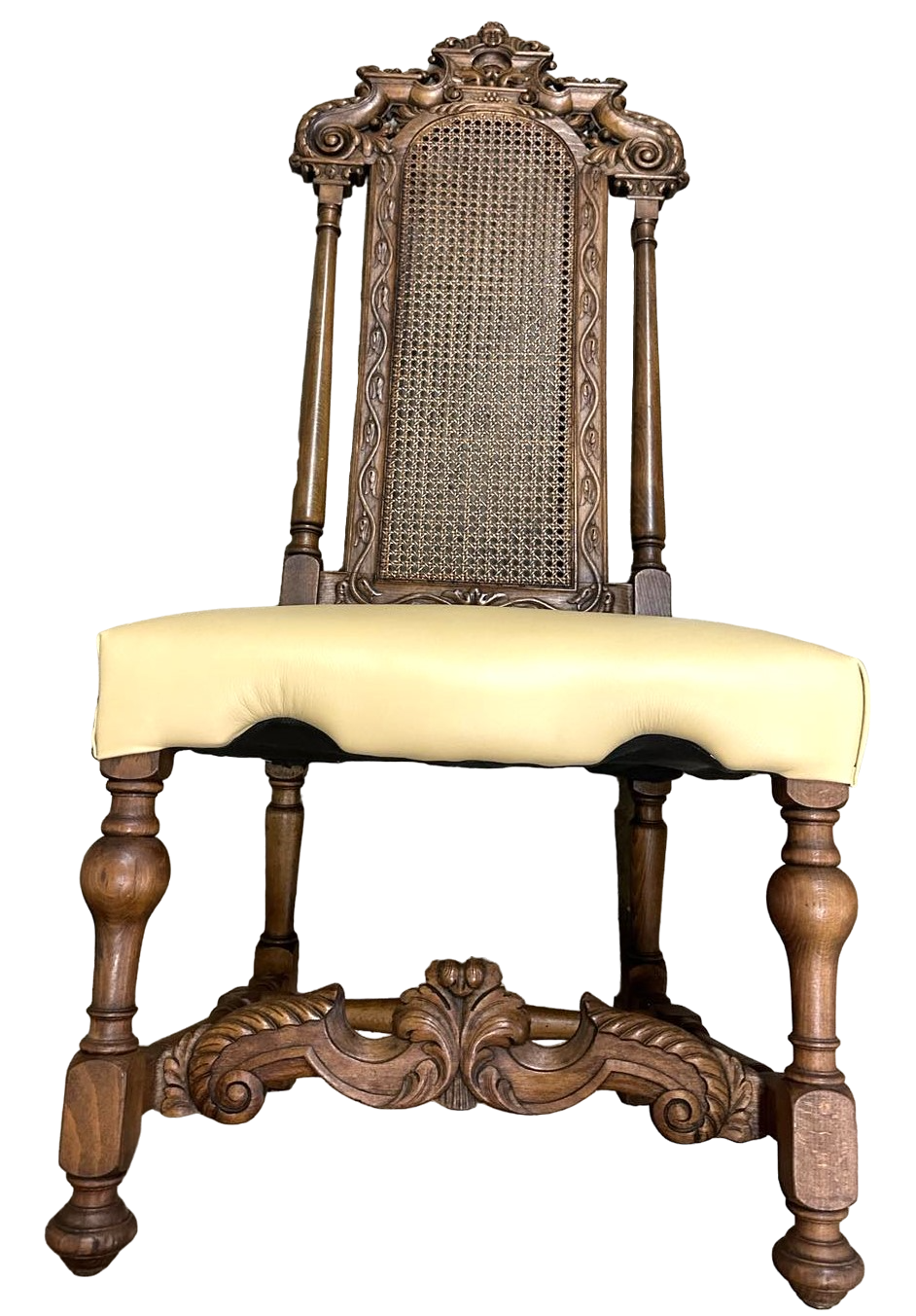 Antique 19th Century Ornately Carved Oak and Caning Renaissance Revival Chairs With New Leather Seat Upholstery - a Pair - Image 7