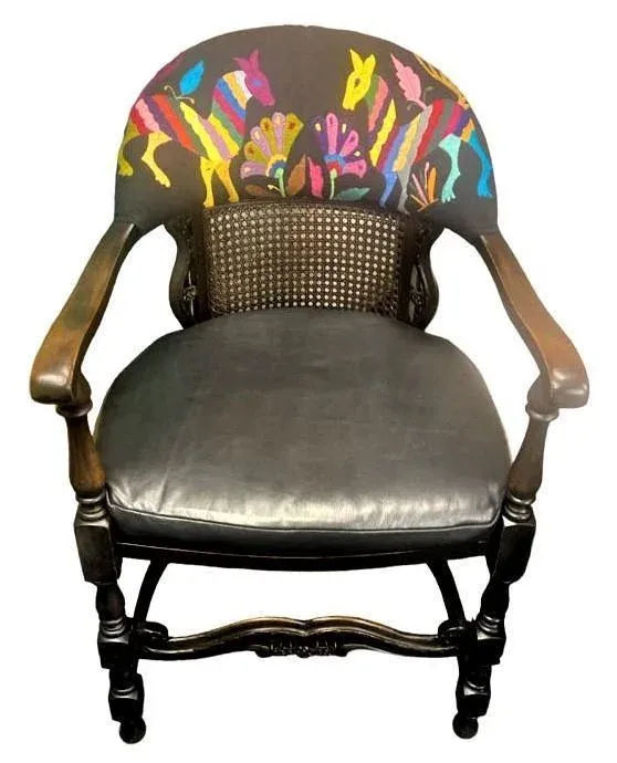 Set of 2 Ornate Spanish Revival Fauteuils With New Otomi Embroidery and Leather Upholstery - Early 20th Century Antiques - Image 7