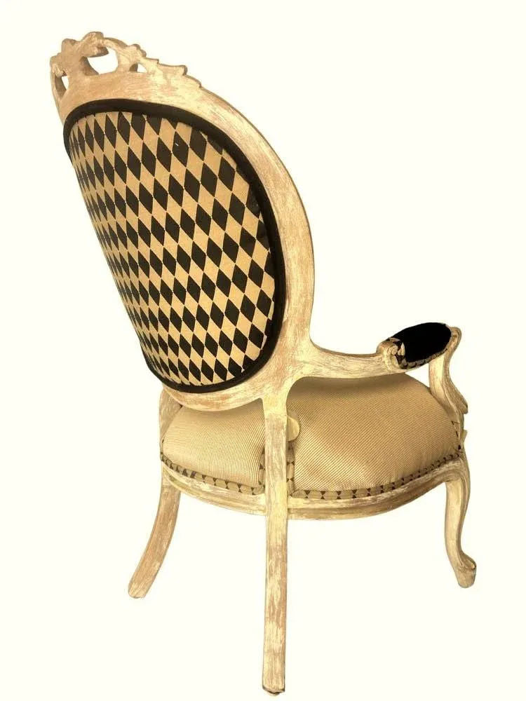 Antique 19th Century Louis XV Fauteuil in Cerused Walnut With New Black and Gold Harlequin Upholstery - Image 7