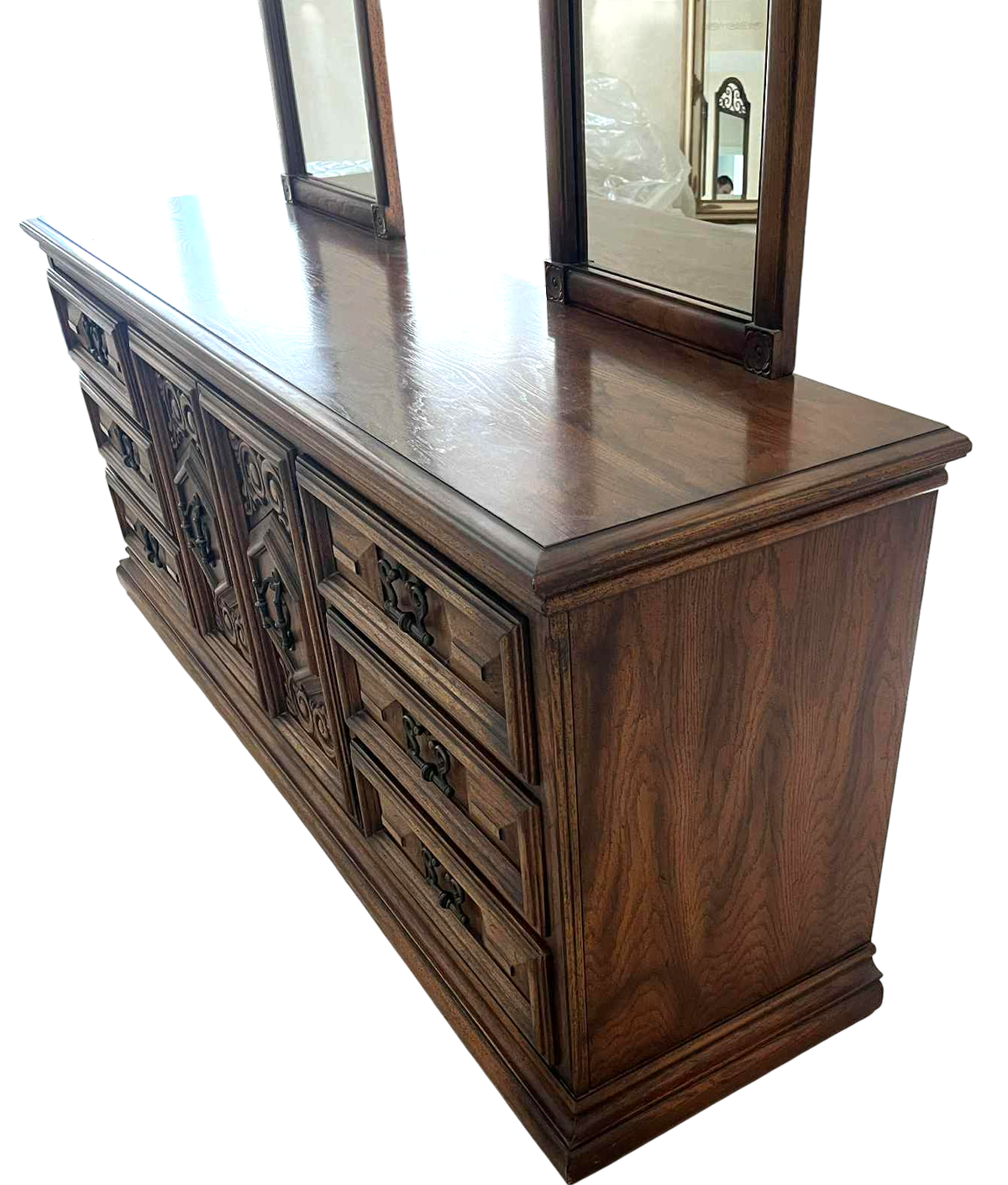 Spanish Revival Vintage Carved Solid Oak Triple Dresser With Mirrors Crafted in North Carolina by United Furniture - Image 7