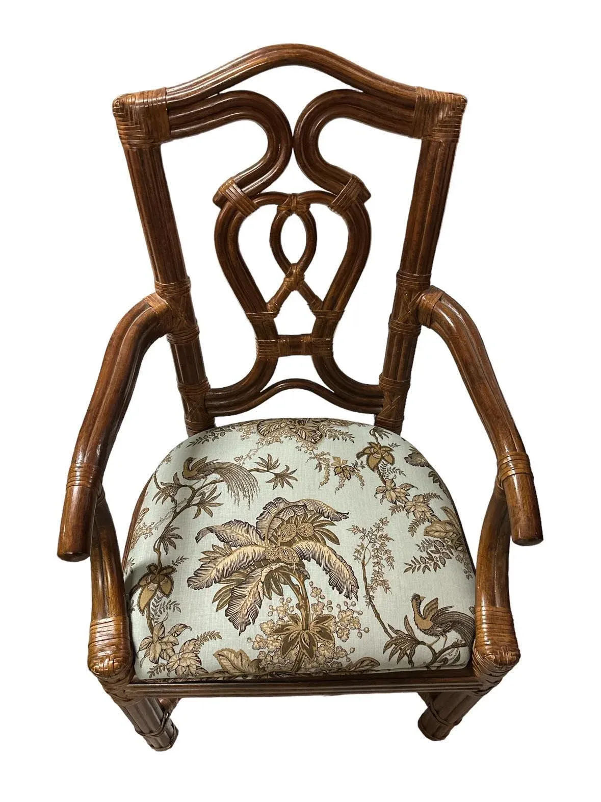 Pair of Vintage Bernhardt Rattan Chairs With New Schumacher Linen ‘Coconut Grove’ Seat Upholstery - Image 7