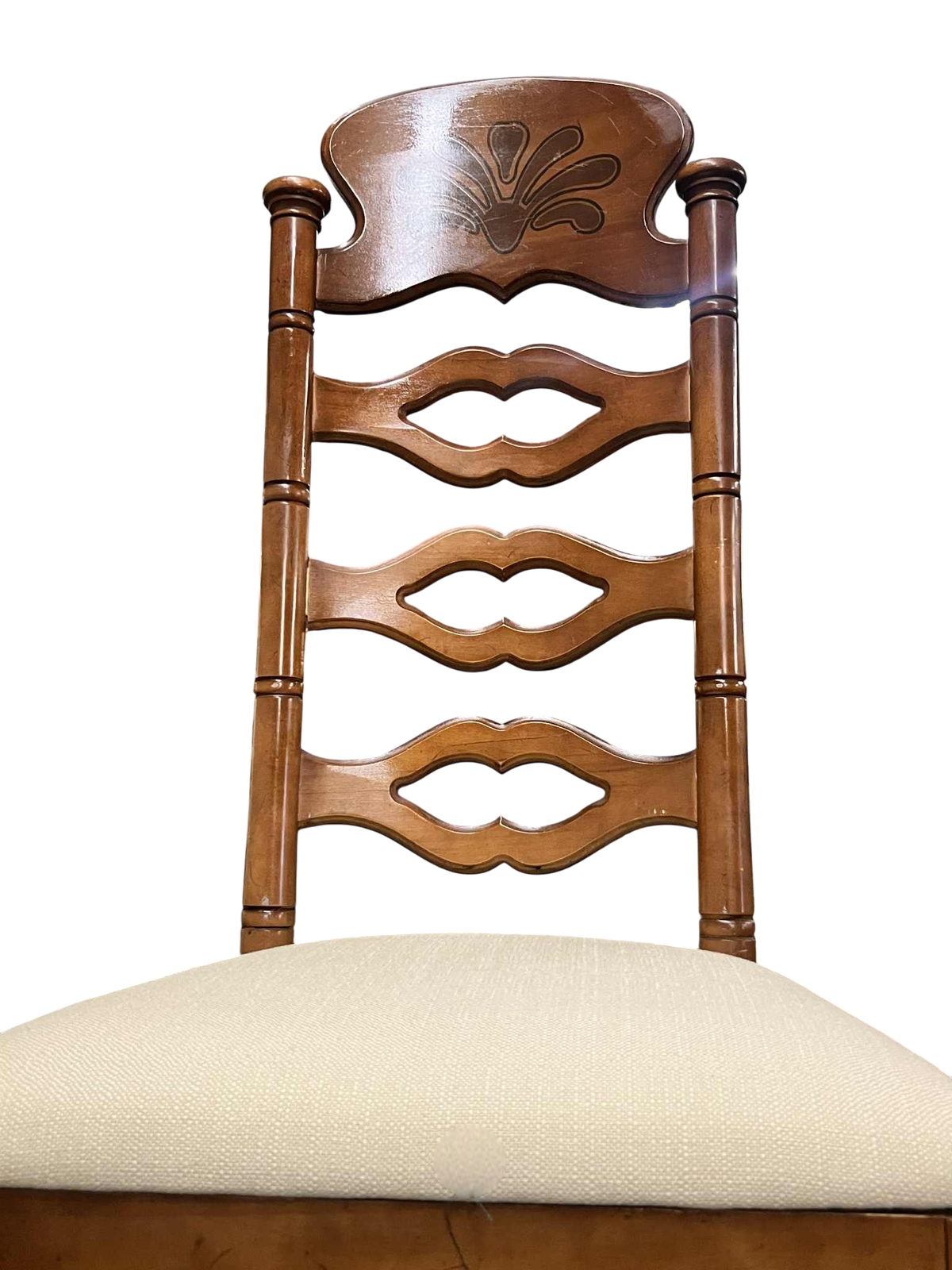 Vintage Drexel Attributed Spanish Revival Maple Wood Ladderback Dining Chairs With New Seat Upholstery - Set of 6 - Image 7