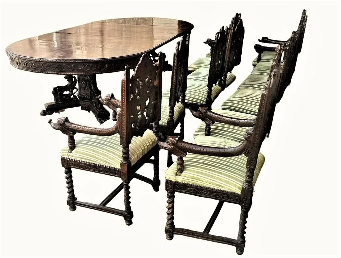 Monumental 10' X 5.5' Renaissance Revival French Walnut Banquet Table With 12 Chairs - Antique Circa Mid 19th Century - Image 7