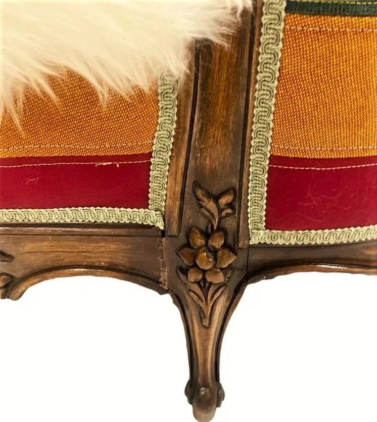 Late 19th Century French Settee With Guatemalan Hand Embroidery, Cowhide and Sheepskin - Image 7