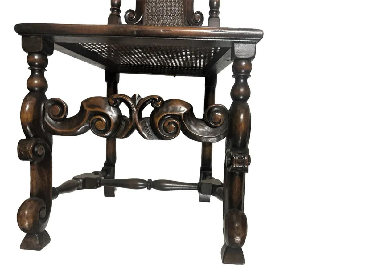 Antique Spanish Hacienda Style Accent Chair in Carved Walnut and Caning - Early 20th Century - Image 7