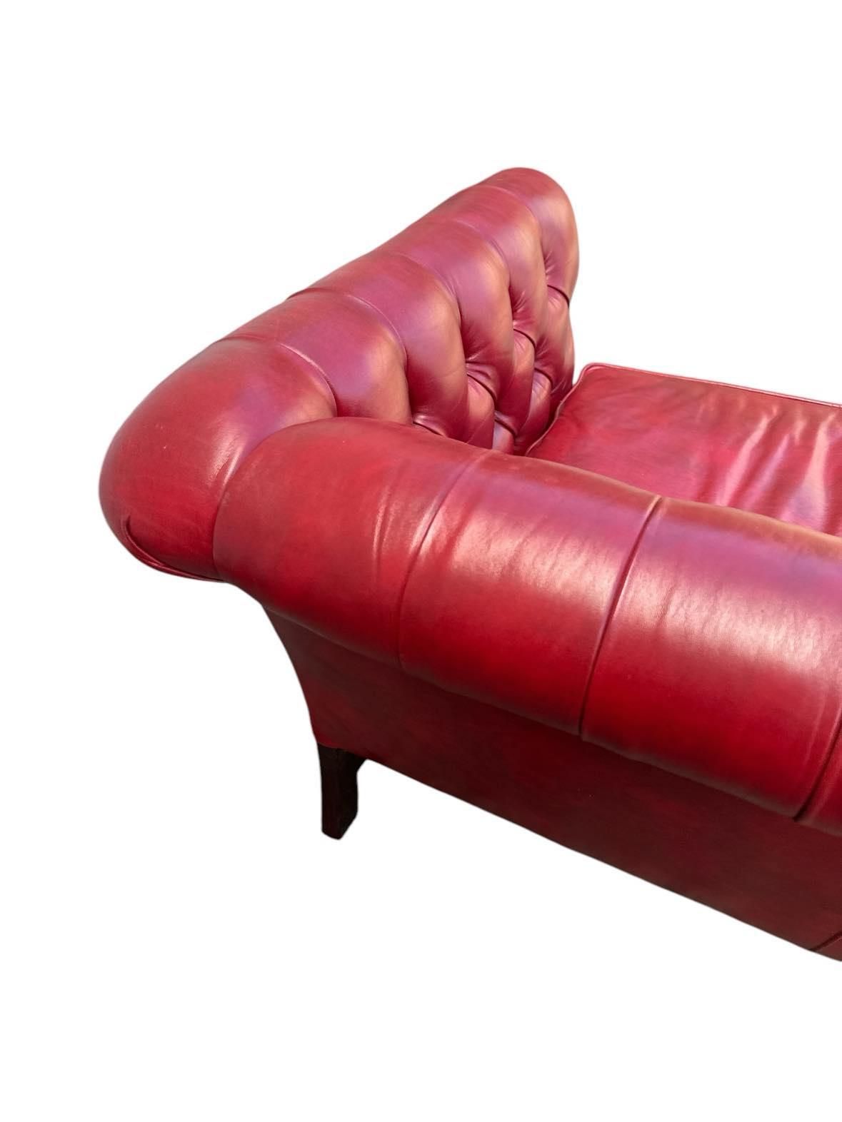 Cherry Red Leather and Mahogany Chesterfield Sofa by St. Timothy of Hickory, North Carolina - Image 7