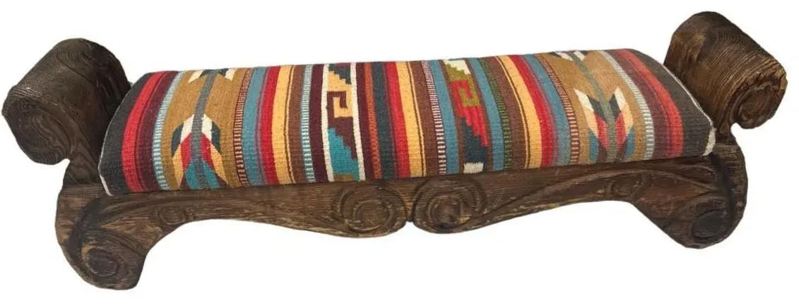 Rustic Hand Carved Mexican Wooden Bench With New Zapotec Tapestry Seat From Oaxaca - Image 7