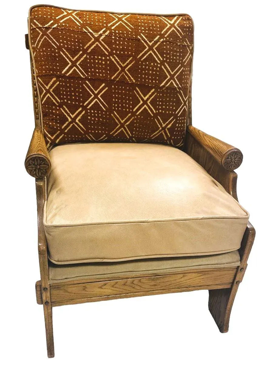 Romweber Viking Oak Sofa With Two Chairs - Upholstered With Artisanal African Textile and Leather - Vintage Mid 20th Century - Image 7