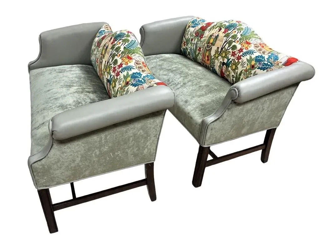 Pair of Chippendale Camelback Settees in ‘Frida’s Garden’ Chintz and Celadon Leather and Velvet - Image 7