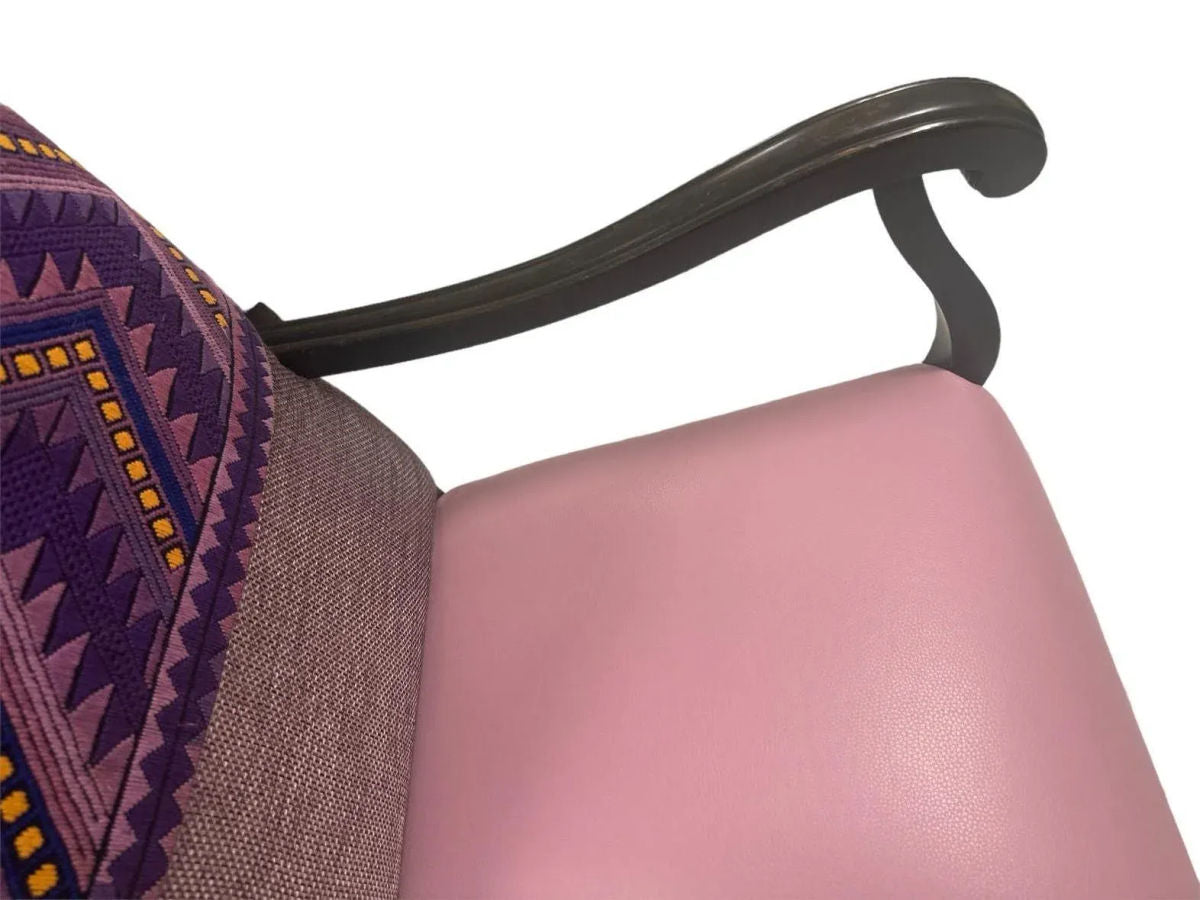 Antique Hacienda Style Chair With New Upholstery of Mauve and Rose Hand Embroidery and Leather - Image 8