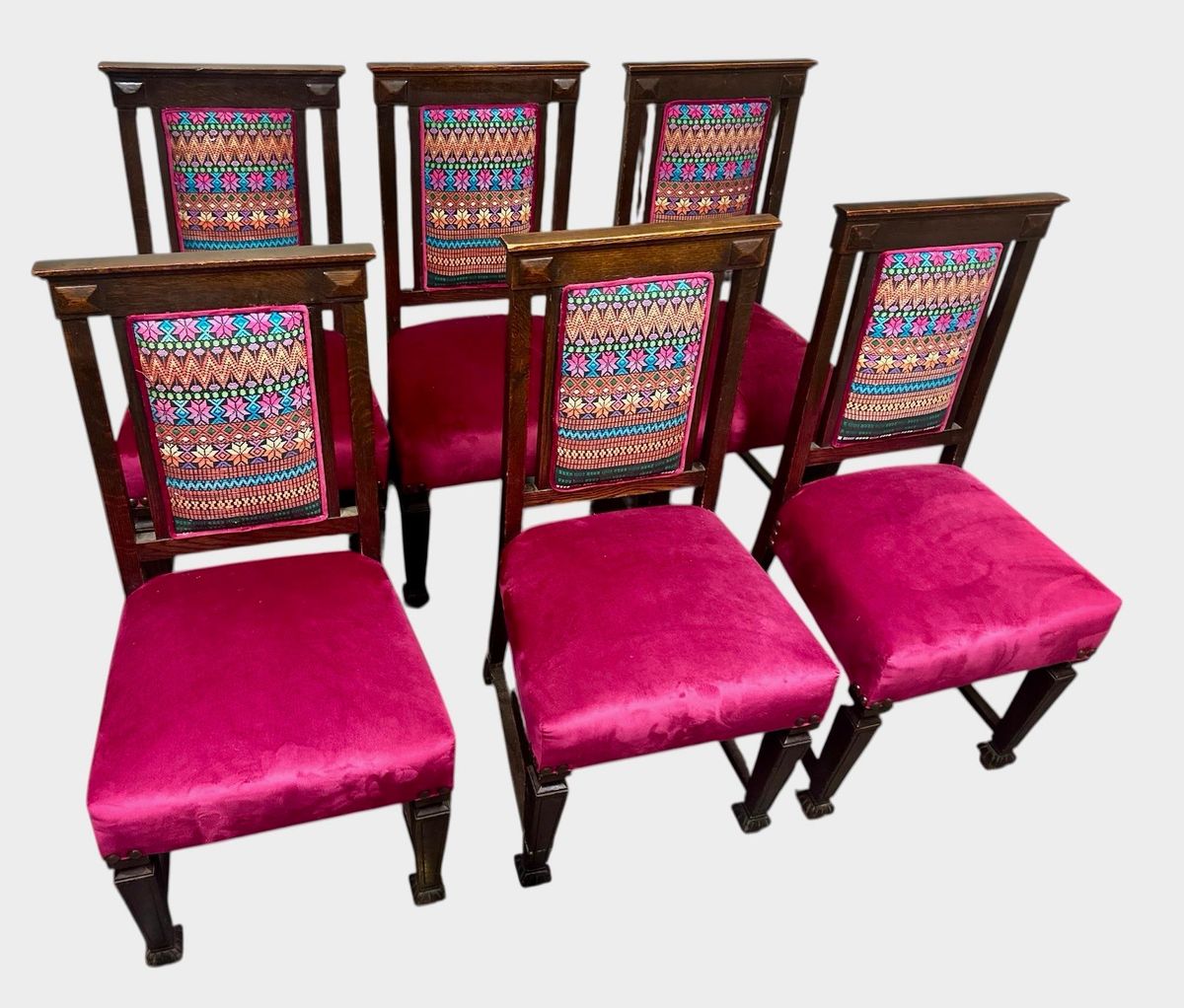 Early 20th Century Edwardian English Oak Dining Chairs With Vivid Mexican Embroidery Upholstery - Set of 6 - Image 8