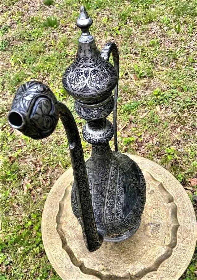 Antique Large Turkish Islamic Pewter Engraved Ewer - Early 20th Century - Image 8