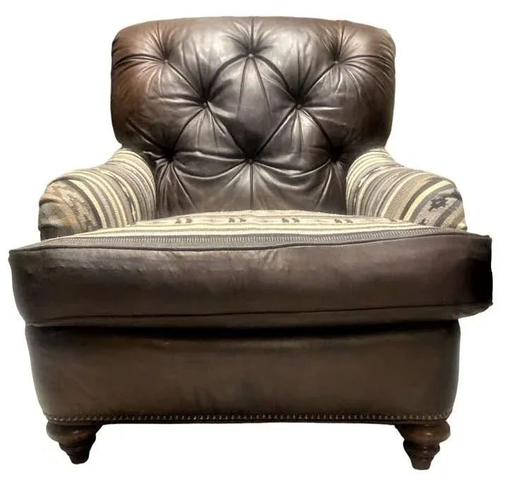 Vintage Chesterfield Leather Writer's Chair and Ottoman With Oriental Tapestry Details - Image 8
