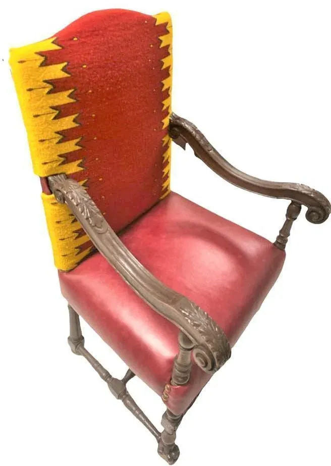 Antique Hacienda Throne Chair Reupholstered With Hand Loomed Oaxaca Tapestry and Leather - Image 8