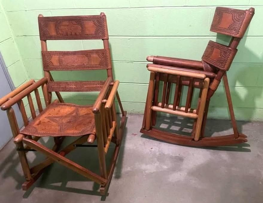 Late 20th Century Costa Rican Vintage Teak and Embossed Leather Folding Rocking Chairs - A Pair - Image 8