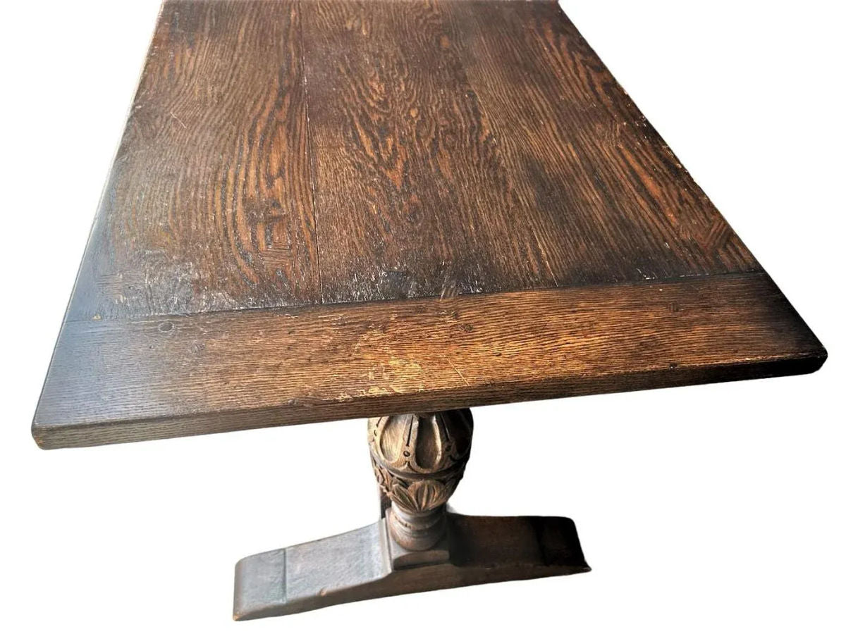 Antique Jacobean or Spanish Revival Dark Oak Trestle Library Table or Dining Table by Kensington Furniture Company - Image 8