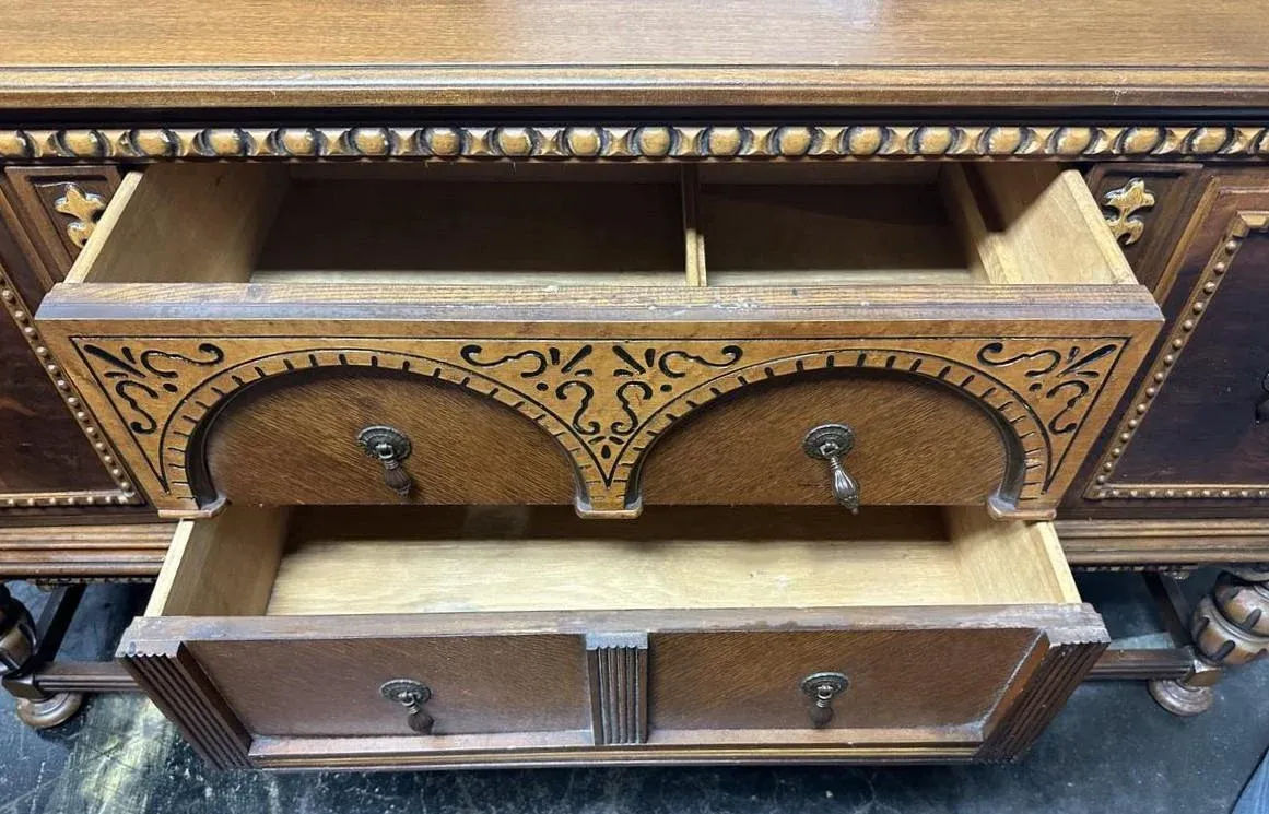Antique 1920s Moorish Spanish Revival Walnut and Burlwood 66" Buffet Credenza - Image 8