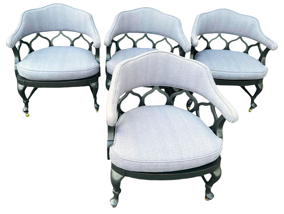 1960s Thomasville Hollywood Regency Tub Dining or Conference Room Chairs on Casters With New Upholstery - Set of 4 - Image 8
