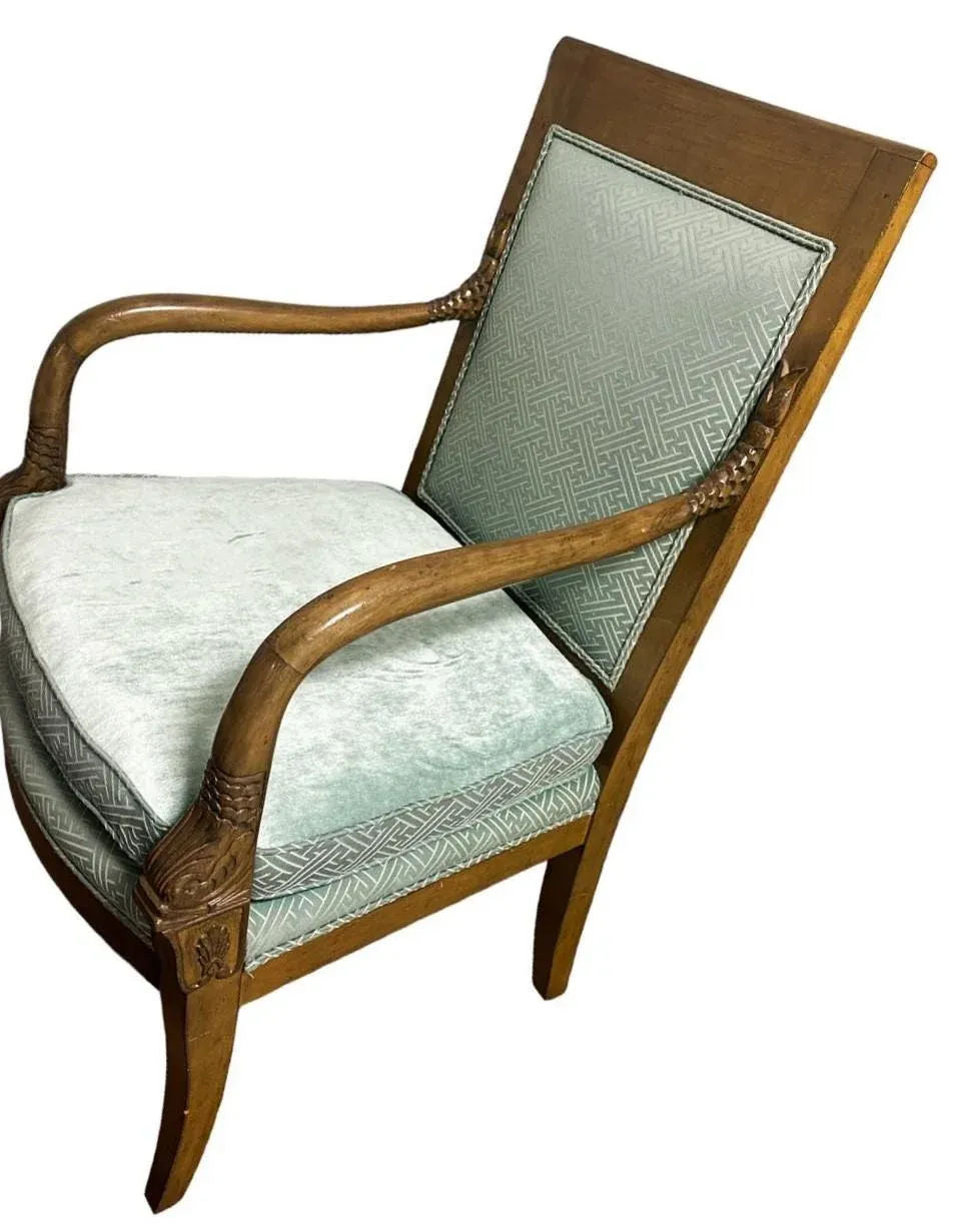 Baker Furniture Empire Style Carved Walnut Chair With Celadon Greek Key and Velvet Upholstery - Circa 1940s - Image 8