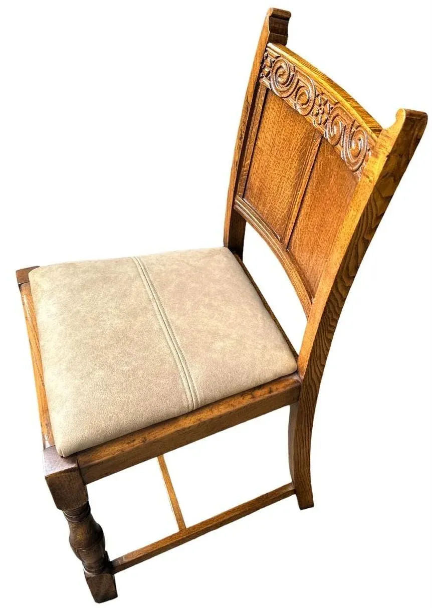 19th Century Antique English Arts & Crafts Oak Dining Chairs With New Leather Seats - Set of 6 - Image 8