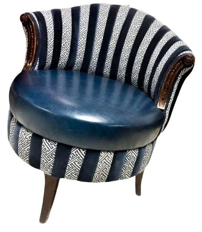 Mid 20th Century Round Accent Chair Reupholstered With Blue Velvet and Greek Key Fabric - Image 8