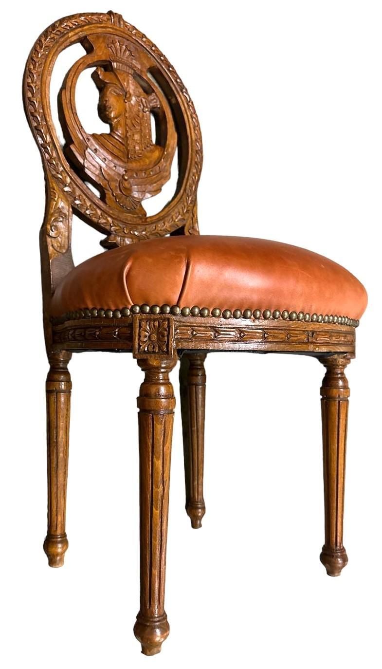 Louis XVI Carved Oak French Accent Chairs With New Caramel Colored Leather Seats - a Pair - Image 8