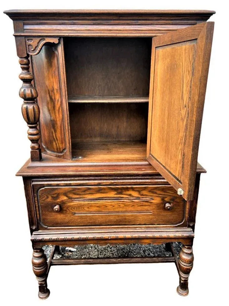 Antique Spanish Revival Solid Oak Liquor Cabinet or Linen Press - Early 20th Century - Image 8