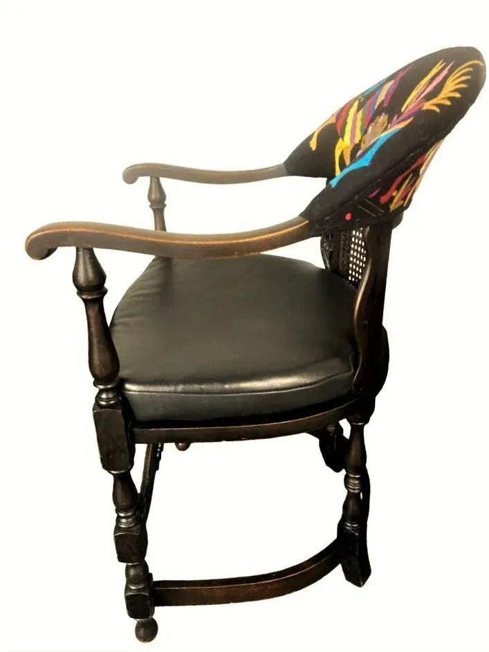 Set of 2 Ornate Spanish Revival Fauteuils With New Otomi Embroidery and Leather Upholstery - Early 20th Century Antiques - Image 8