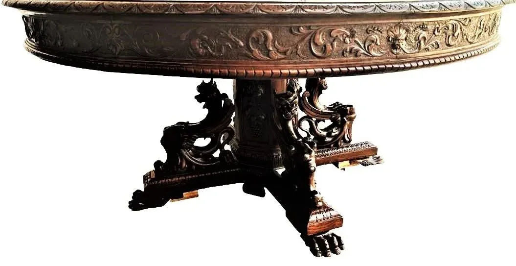 Monumental 10' X 5.5' Renaissance Revival French Walnut Banquet Table With 12 Chairs - Antique Circa Mid 19th Century - Image 8