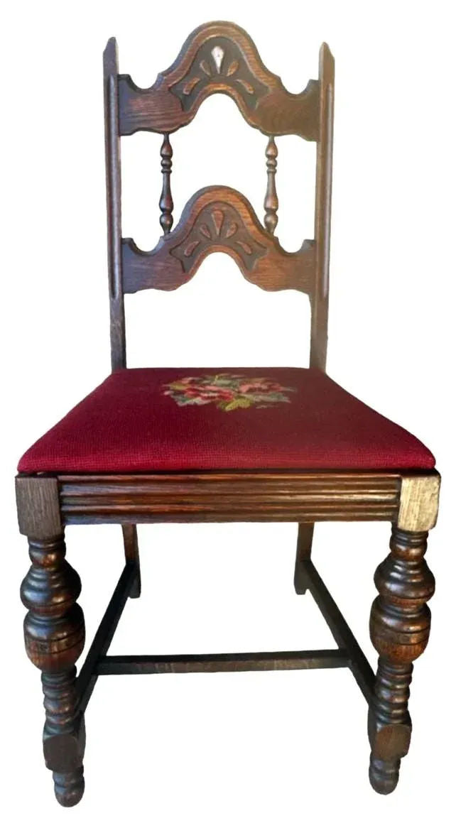 Antique 1920s Spanish Revival or Jacobean Carved Oak Dining Chairs With Needlepoint Seat Upholstery - Set of 6 - Image 8