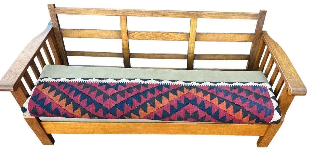 Antique Circa 1910 Oak Arts & Crafts Large 78” Settle With New Leather and Hand Made Persian Kilim Upholstered Cushions - Image 8