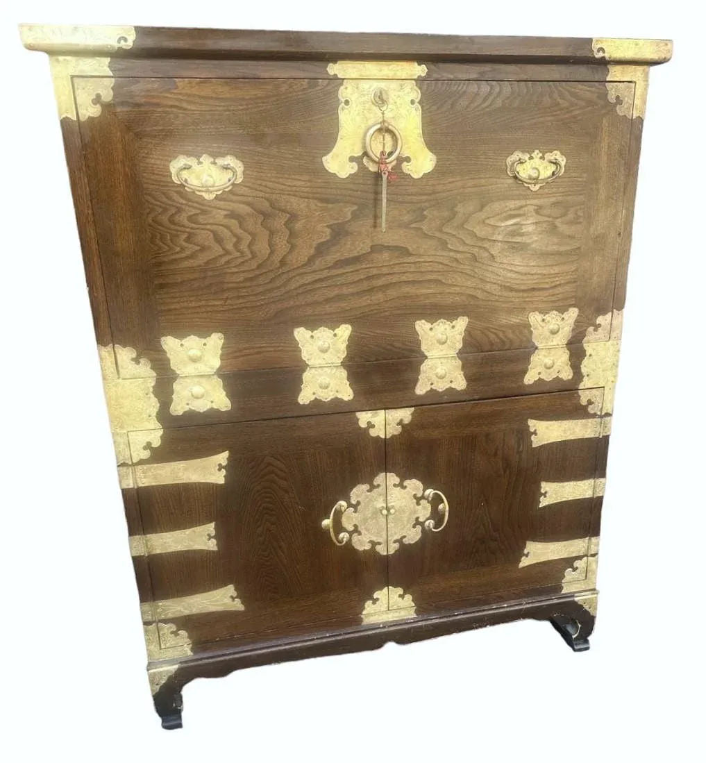 Korean Elmwood and Brass Campaign Style Secretary Desk - Vintage Late 20th Century - Image 8