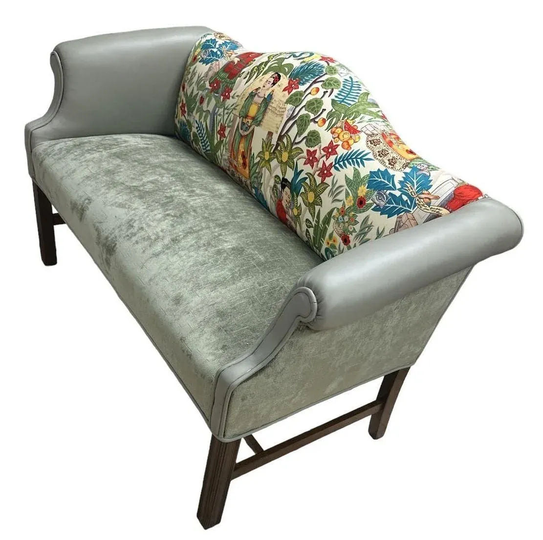 Pair of Chippendale Camelback Settees in ‘Frida’s Garden’ Chintz and Celadon Leather and Velvet - Image 8