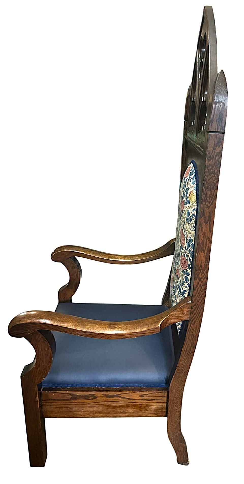 19th Century English Oak Bishop’s Throne Reupholstered With Leather and William Morris ‘Rose’ Linen - Image 8